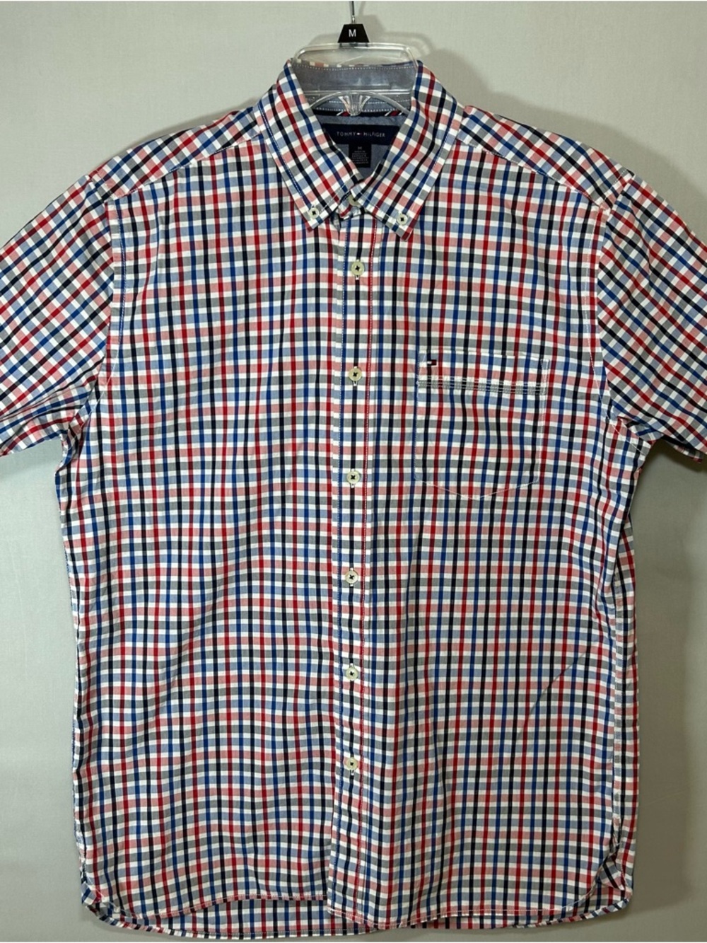 Tommy Hilfiger Button-Down Shirt Men's Medium Red White Blue Plaid Short Sleeve